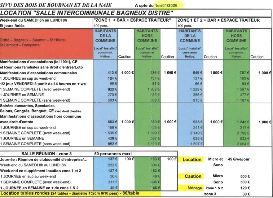 TARIFS SALLE DES BOIS SIVU 2026